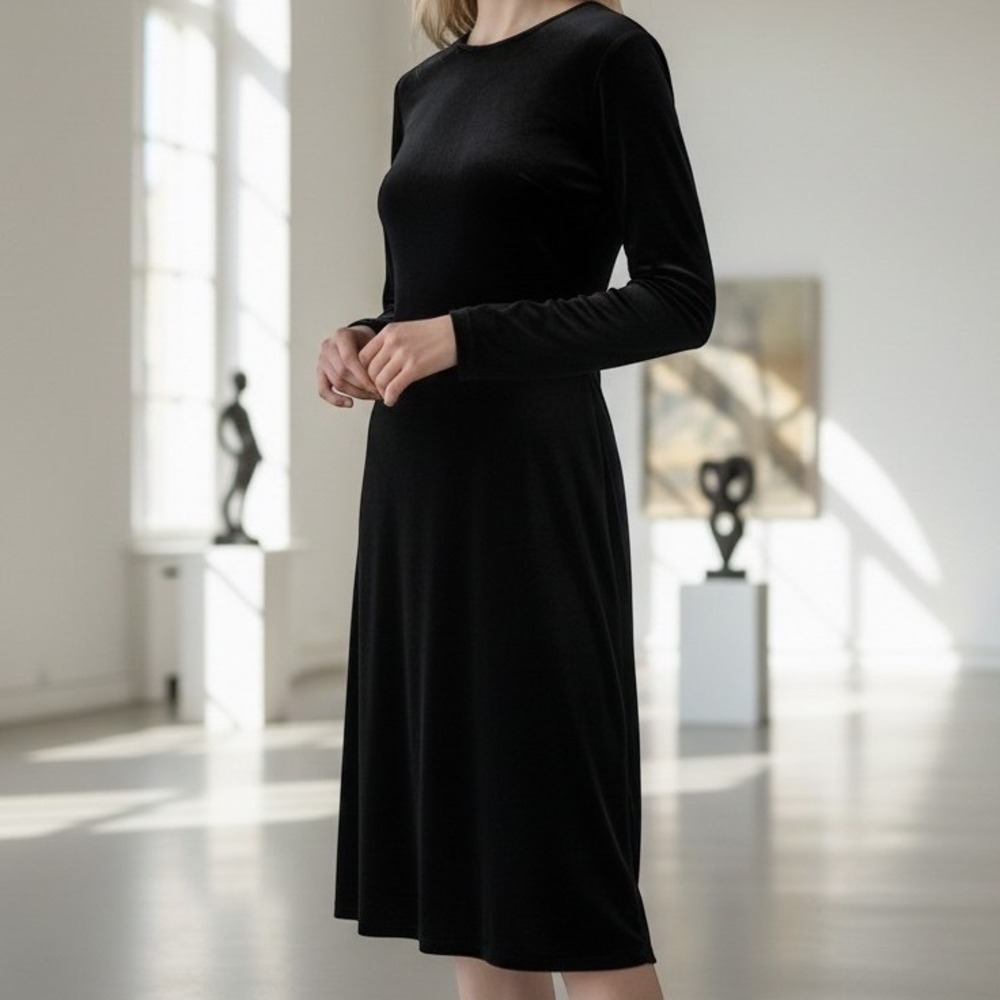 Teddi Evening Velvet Dress Women Small Black Long Sleeve A-Line Crew Neck Goth